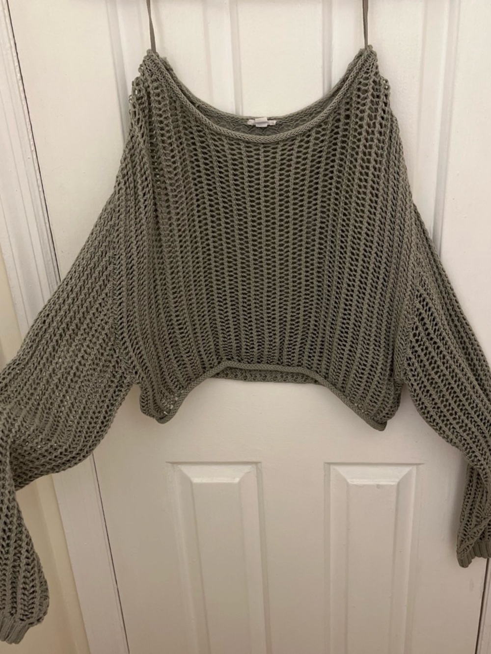 Garage Green Open-Knit Cropped Crewneck Sweater